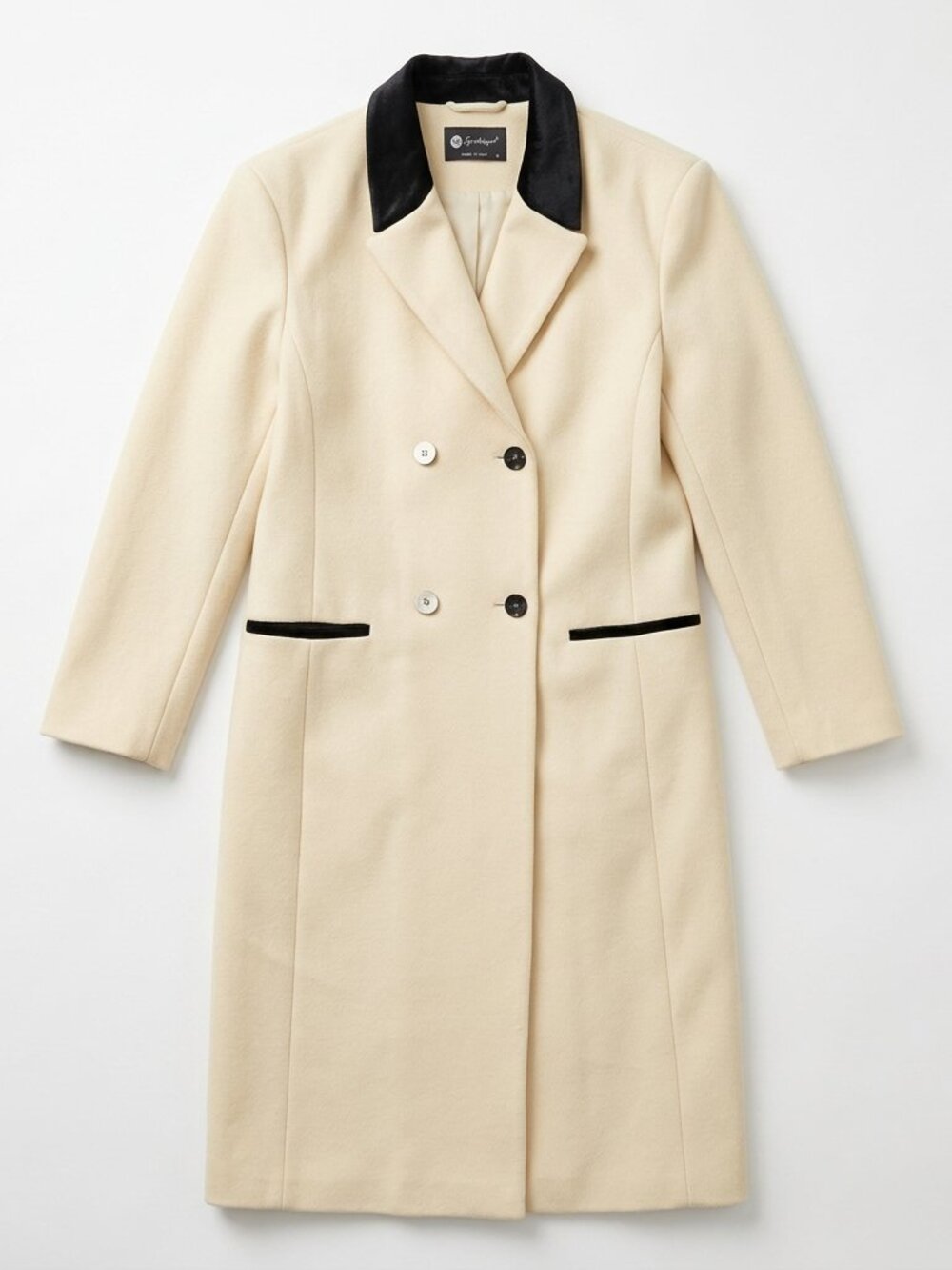Elegant Cream Wool Coat with Black  Velvet Collar - Size M